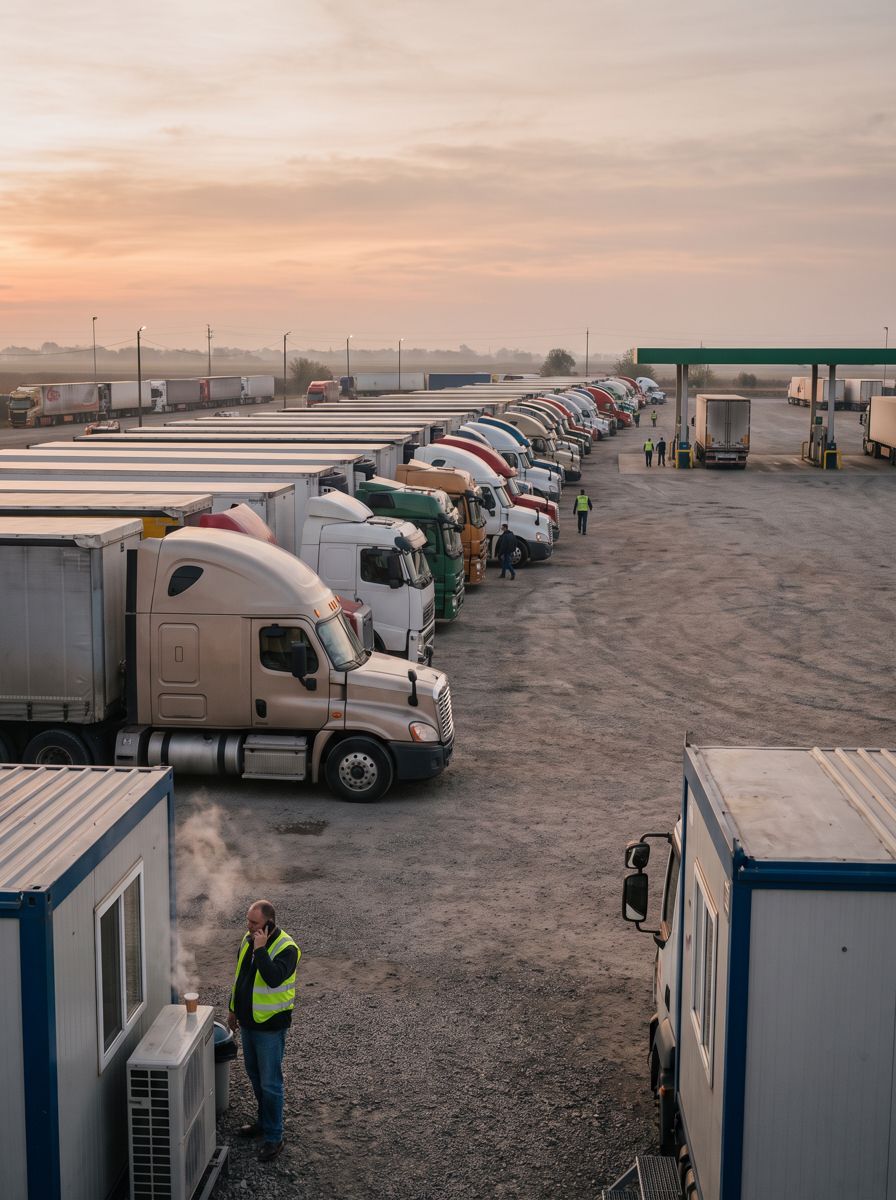Trucks lined up at a freight yard