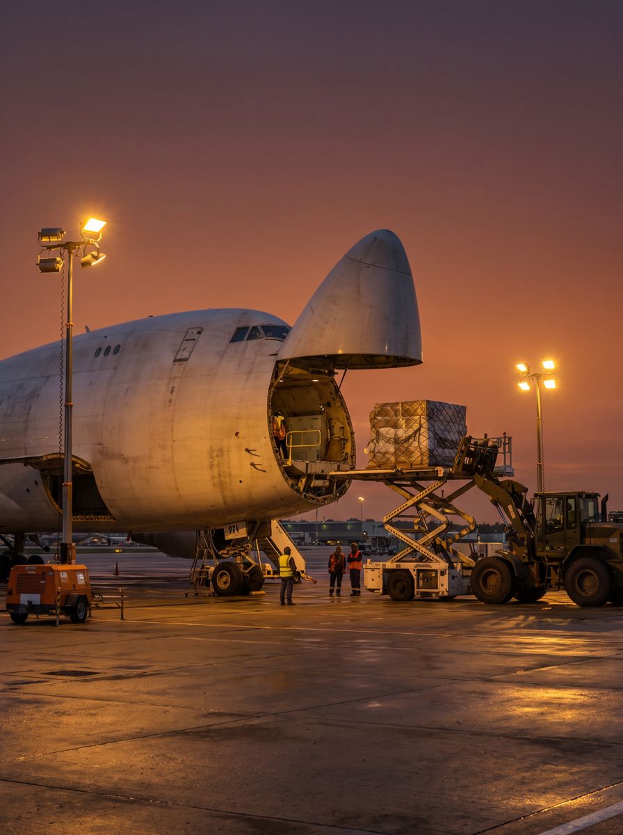 A freighter aircraft loading on a cargo apron at dusk