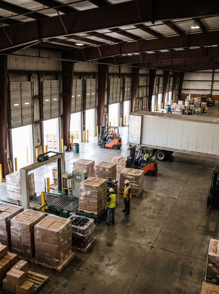 Pallets being loaded at a factory shipping dock