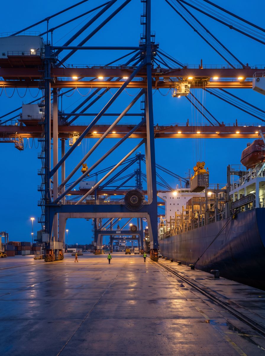 Gantry cranes working a ship at blue hour