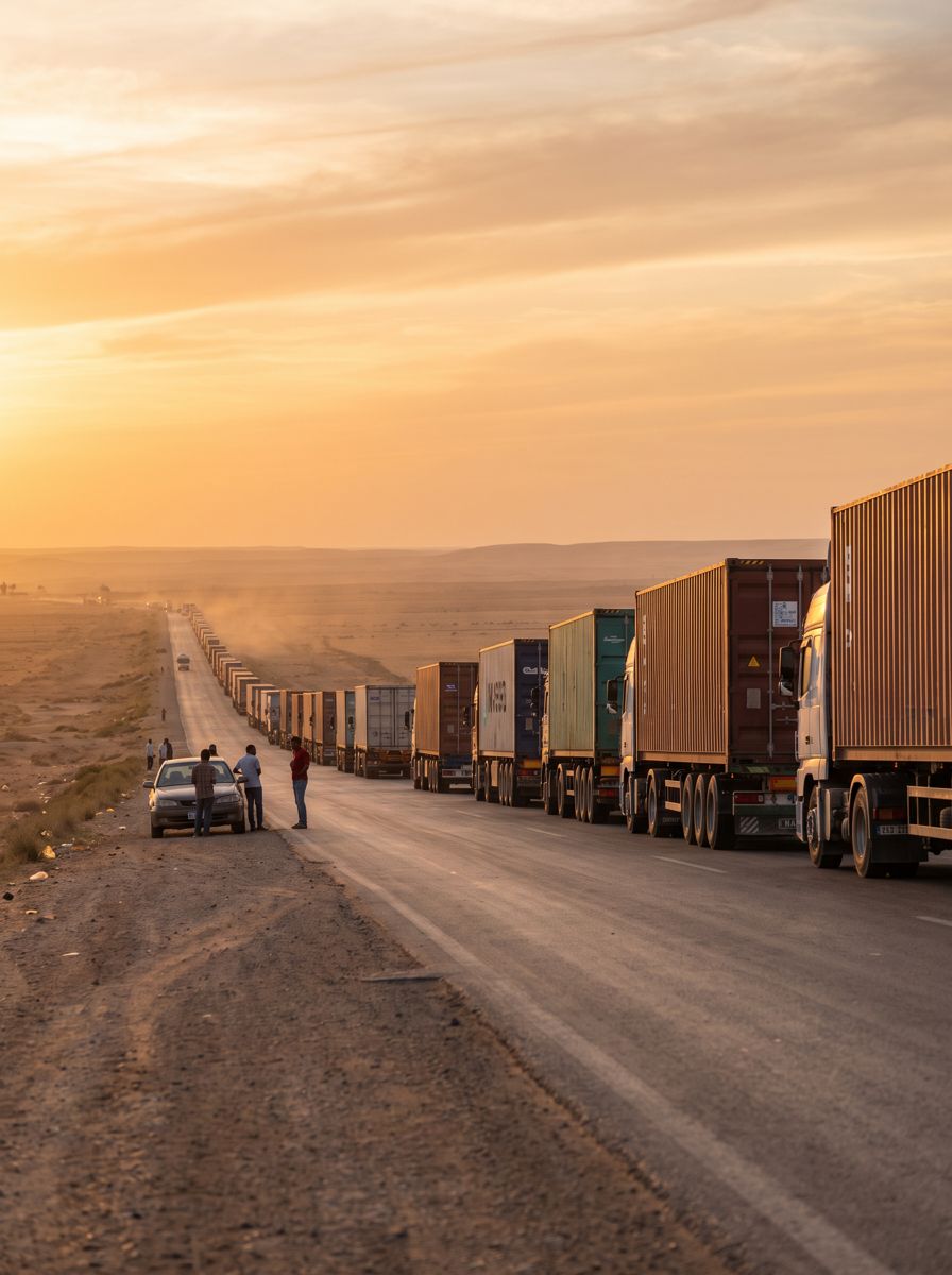 A convoy of container trucks on an open highway