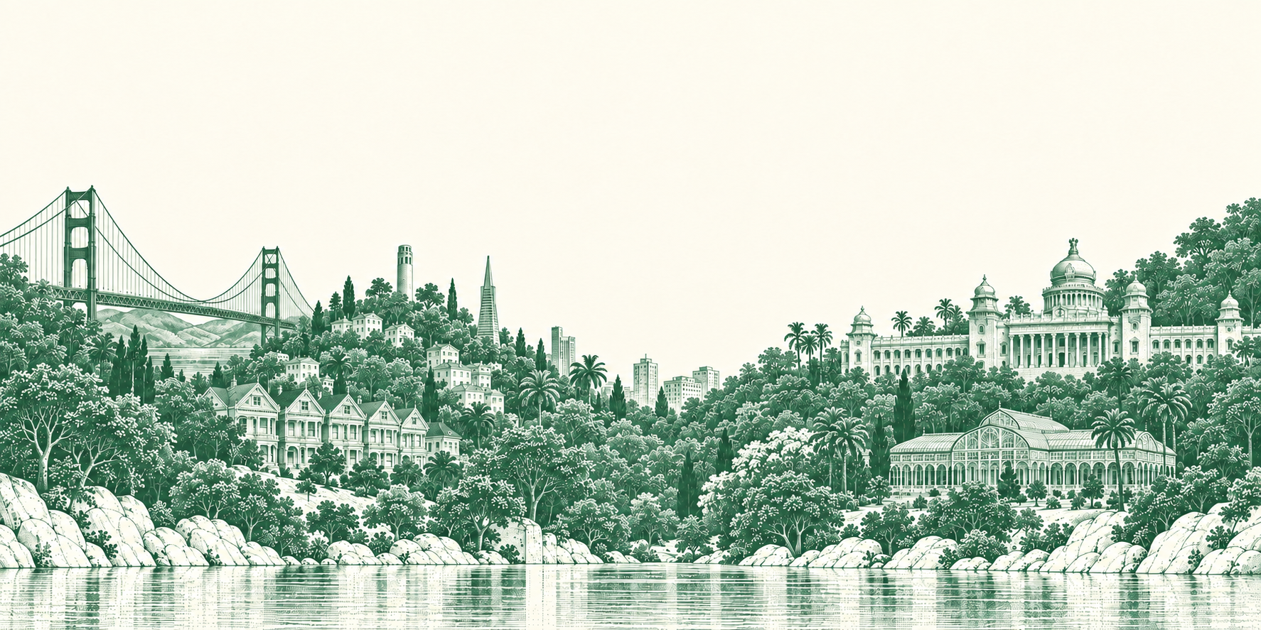 An engraved panorama connecting San Francisco and Bengaluru