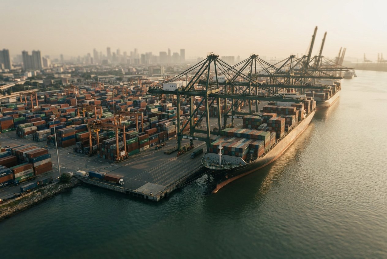 A container terminal at sunrise, a ship under the cranes