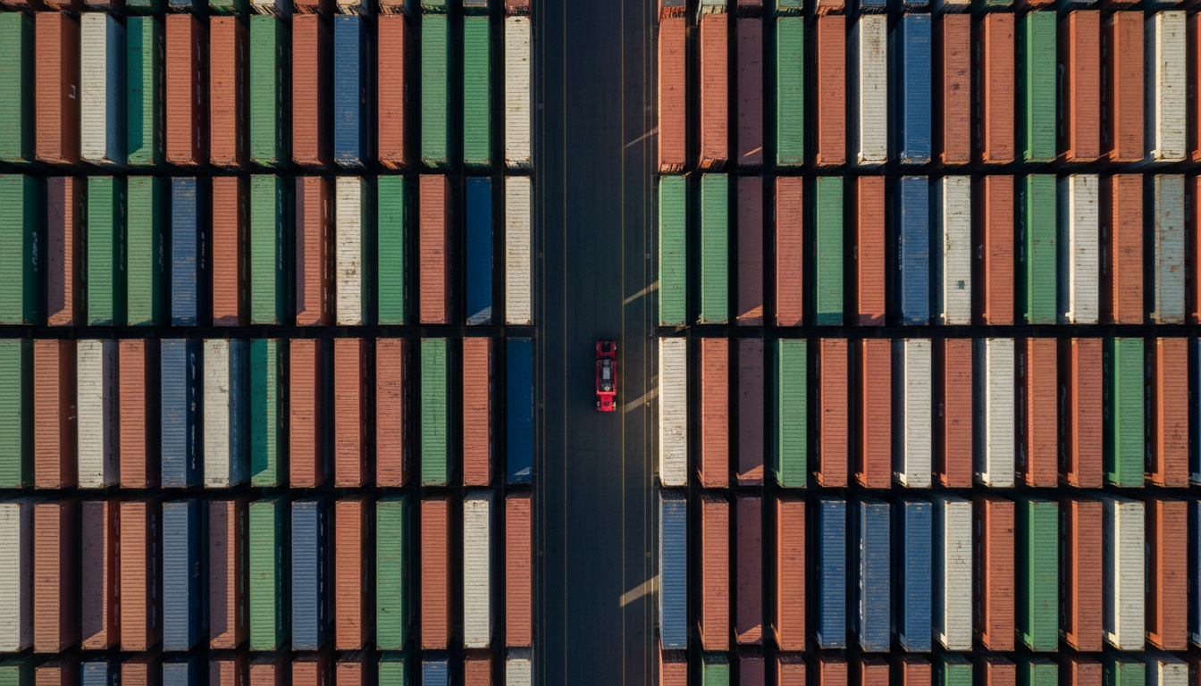 Container rows seen from above, a single truck between them
