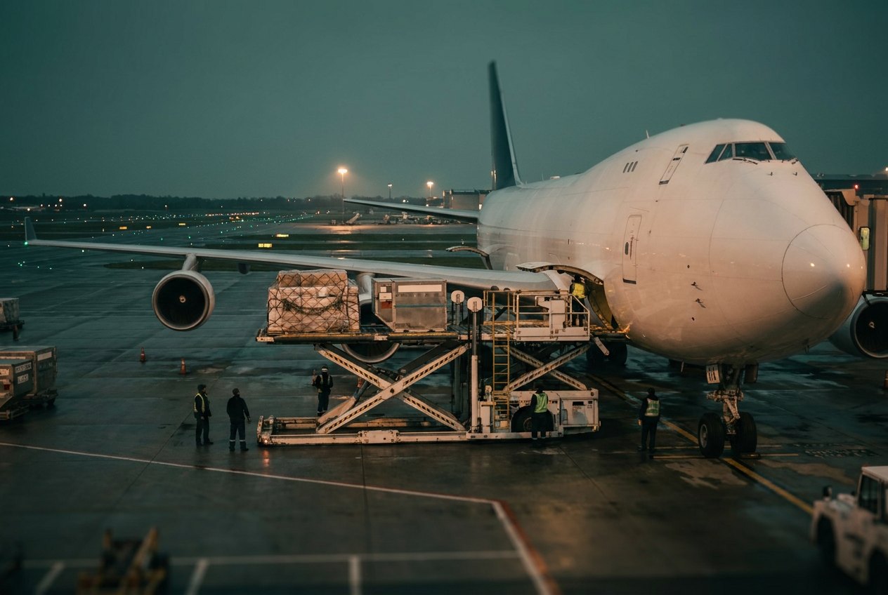 A freighter being loaded on a wet apron at dusk