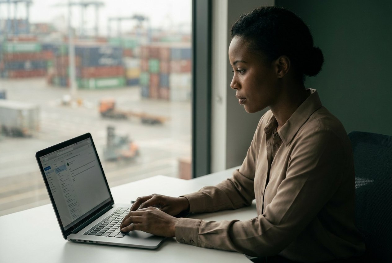 A pricing manager at a laptop, the container yard behind the window